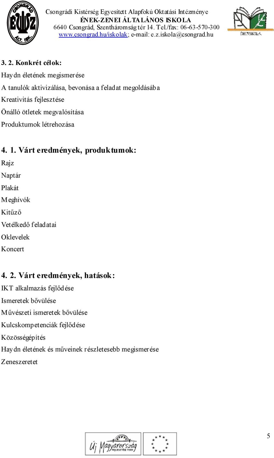 Várt eredmények, produktumok: Rajz Naptár Plakát Meghívók Kitűző Vetélkedő feladatai Oklevelek Koncert 4. 2.