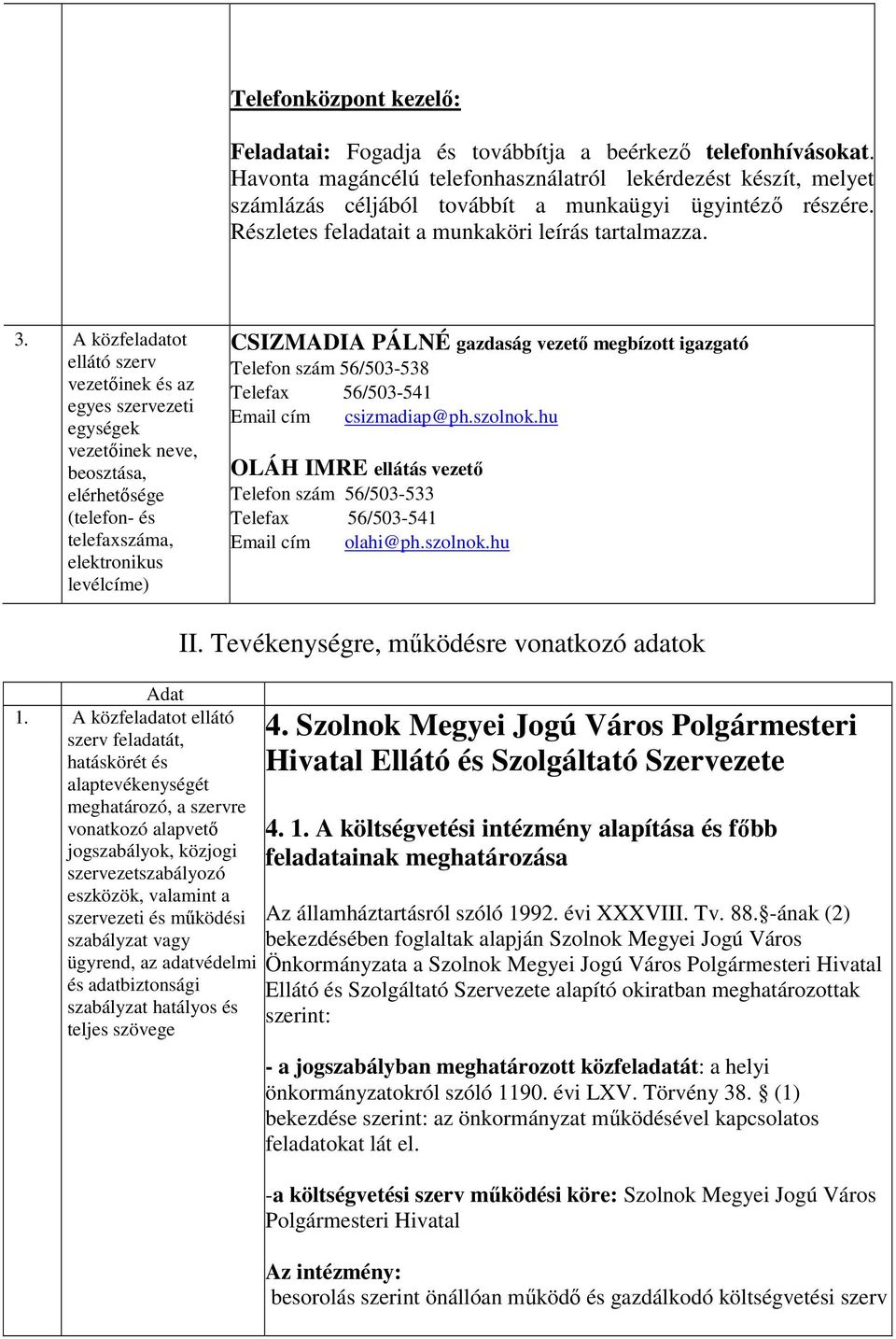 A közfeladatot ellátó szerv vezetőinek és az egyes szervezeti egységek vezetőinek neve, beosztása, elérhetősége (telefon- és telefaxszáma, elektronikus levélcíme) CSIZMADIA PÁLNÉ gazdaság vezető