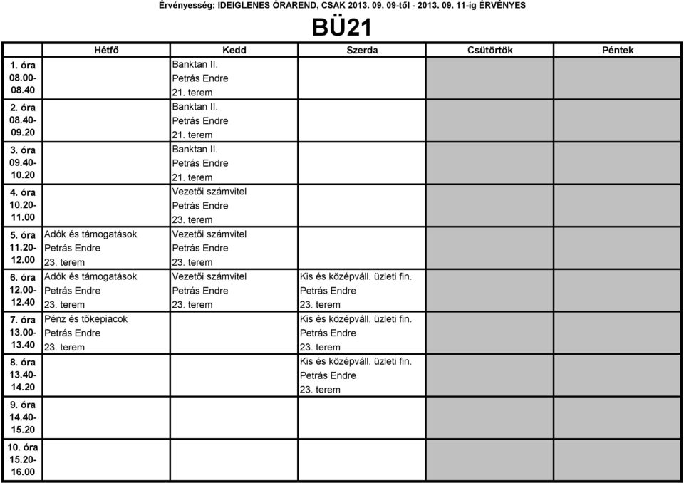 terem Adók és támogatások Vezetői számvitel Kis és középváll. üzleti fin. 23. terem 23.