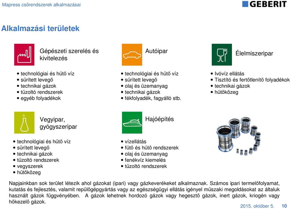 Ivóvíz ellátás Tisztító és fertőtlenítő folyadékok technikai gázok hűtőközeg Vegyipar, gyógyszeripar Hajóépítés technológiai és hűtő víz sűrített levegő technikai gázok tűzoltó rendszerek vegyszerek