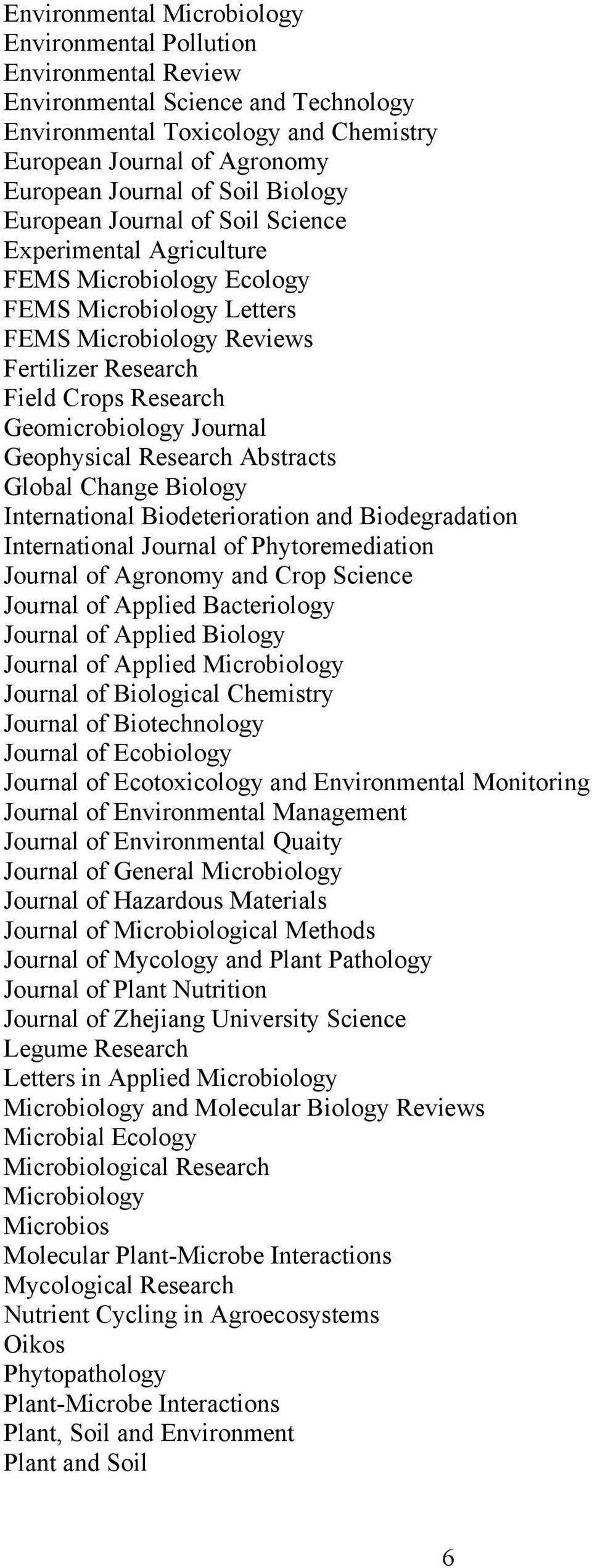 Geomicrobiology Journal Geophysical Research Abstracts Global Change Biology International Biodeterioration and Biodegradation International Journal of Phytoremediation Journal of Agronomy and Crop