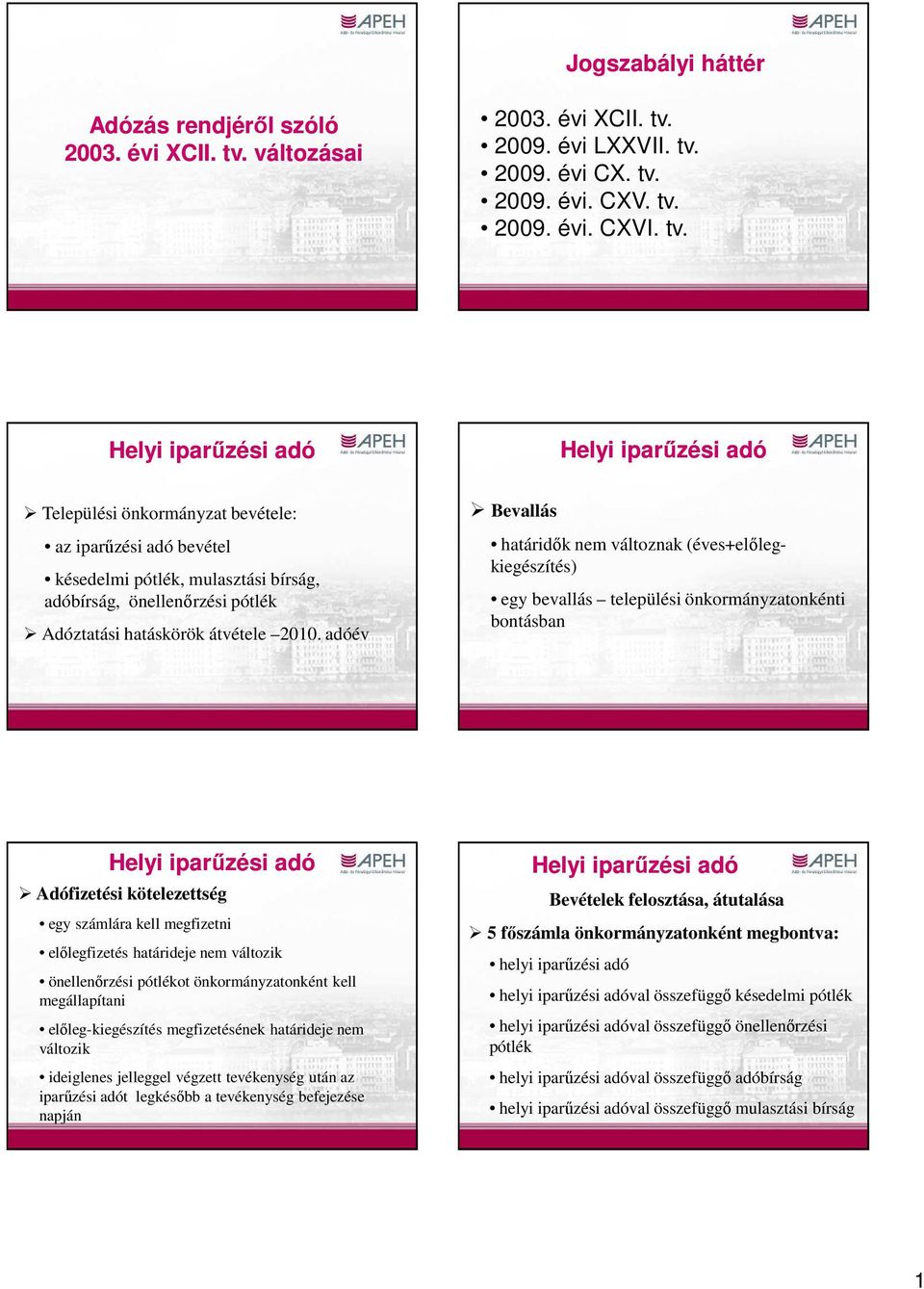 adóév Bevallás határidık nem változnak (éves+elılegkiegészítés) egy bevallás települési önkormányzatonkénti bontásban Adófizetési kötelezettség egy számlára kell megfizetni elılegfizetés határideje