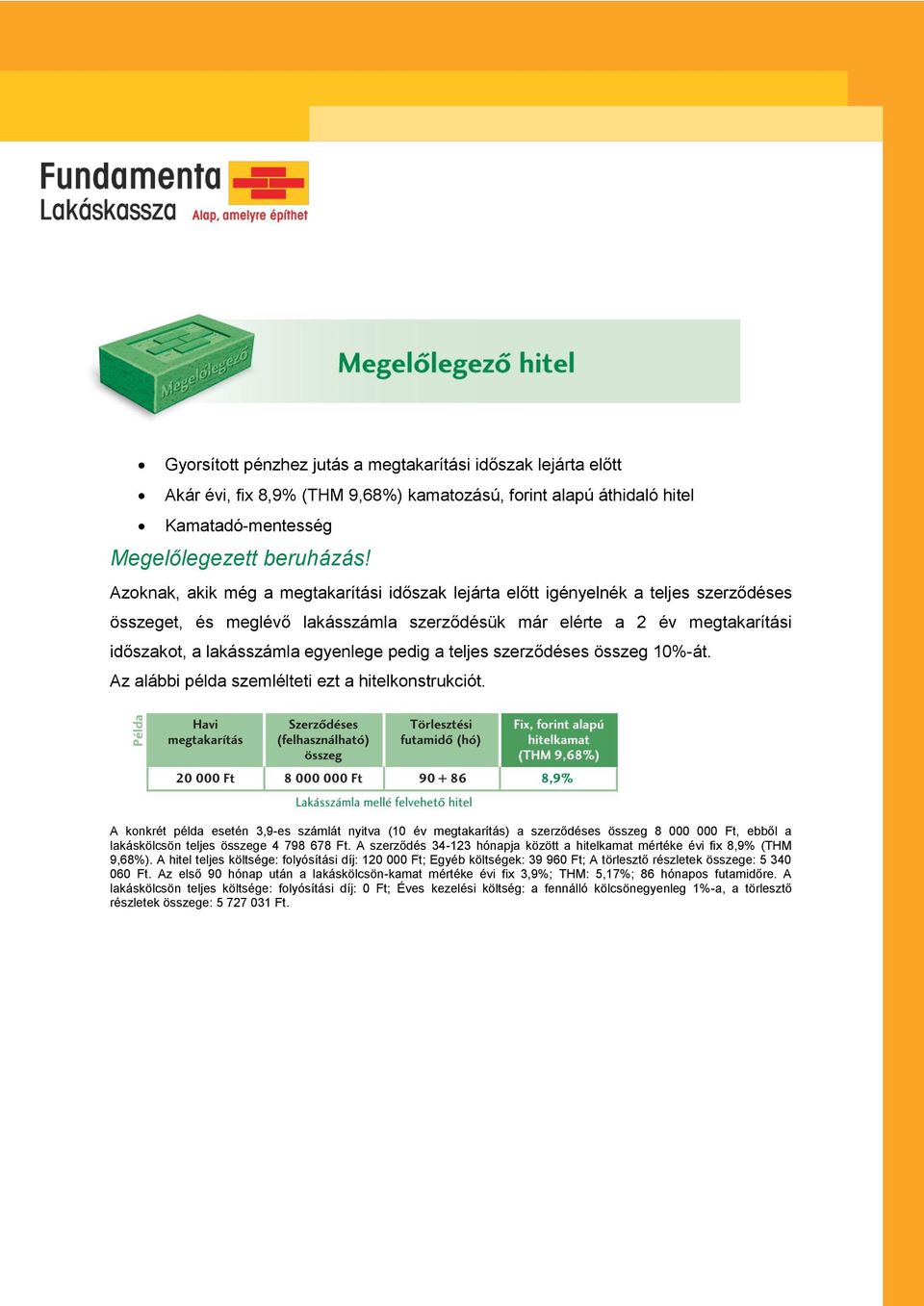 pedig a teljes szerződéses összeg 10%-át. Az alábbi példa szemlélteti ezt a hitelkonstrukciót.