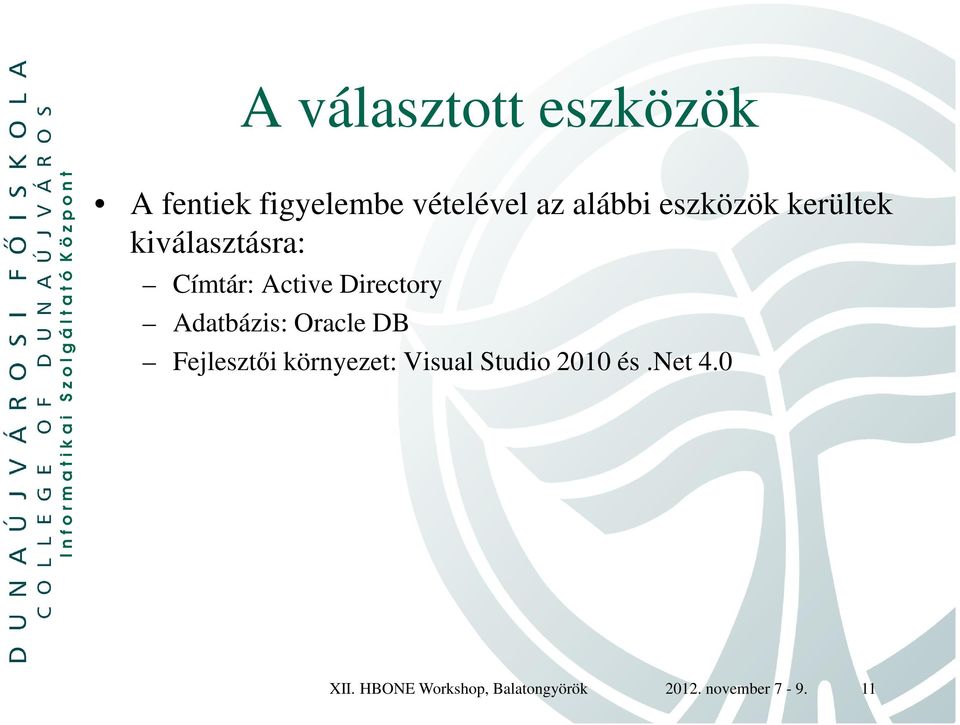 Adatbázis: Oracle DB Fejlesztői környezet: Visual Studio 2010