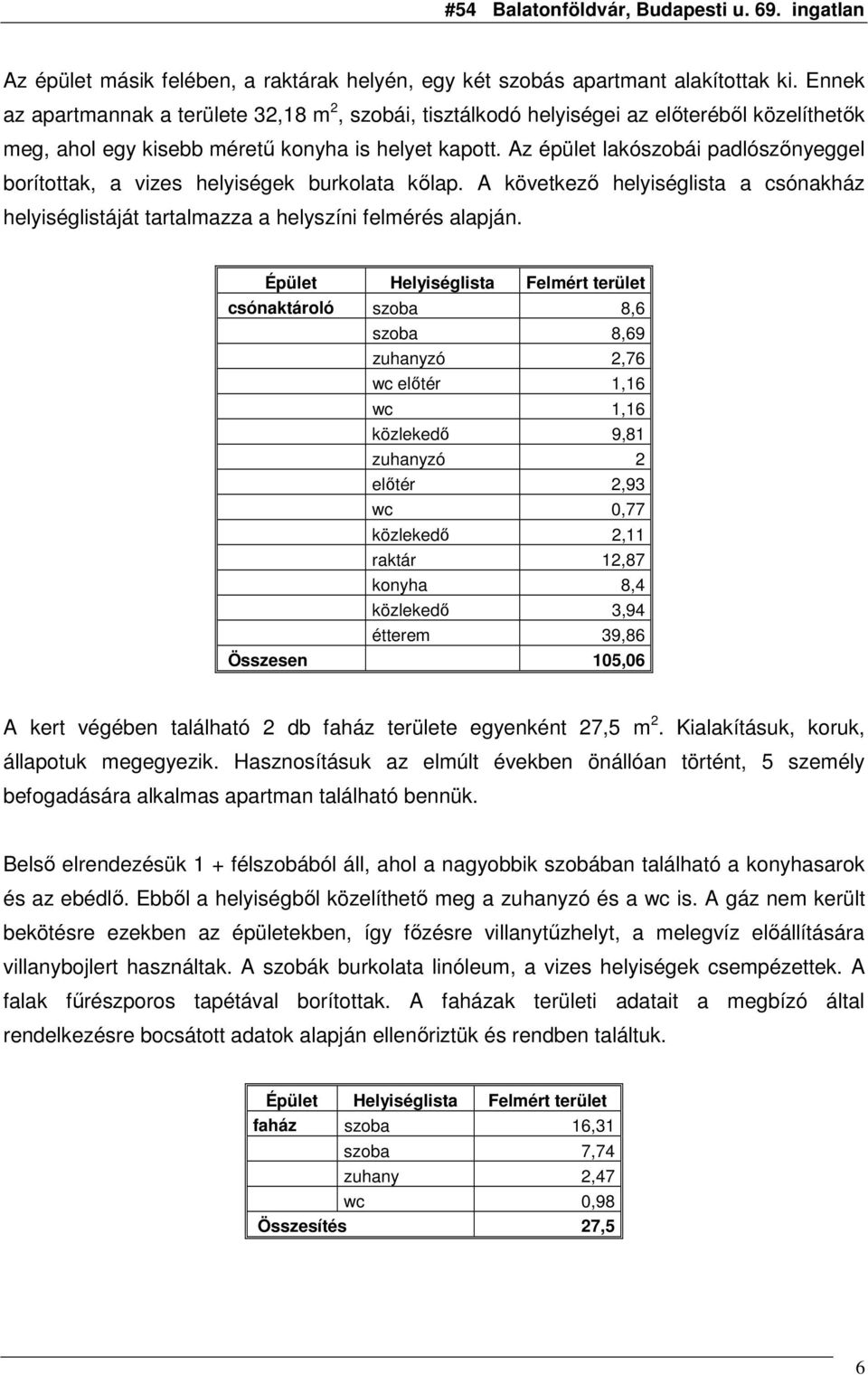 Az épület lakószobái padlószınyeggel borítottak, a vizes helyiségek burkolata kılap. A következı helyiséglista a csónakház helyiséglistáját tartalmazza a helyszíni felmérés alapján.