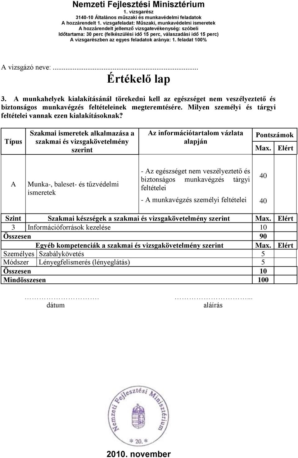 Típus Szakmai ismeretek alkalmazása a szakmai és vizsgakövetelmény szerint Az információtartalom vázlata alapján Pontszámok A Munka-, baleset- és tűzvédelmi ismeretek - Az egészséget nem