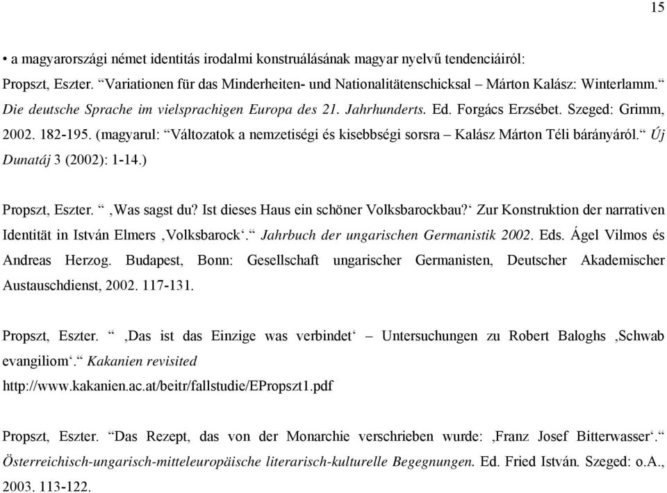 (magyarul: Változatok a nemzetiségi és kisebbségi sorsra Kalász Márton Téli bárányáról. Új Dunatáj 3 (2002): 1-14.) Propszt, Eszter. Was sagst du? Ist dieses Haus ein schöner Volksbarockbau?