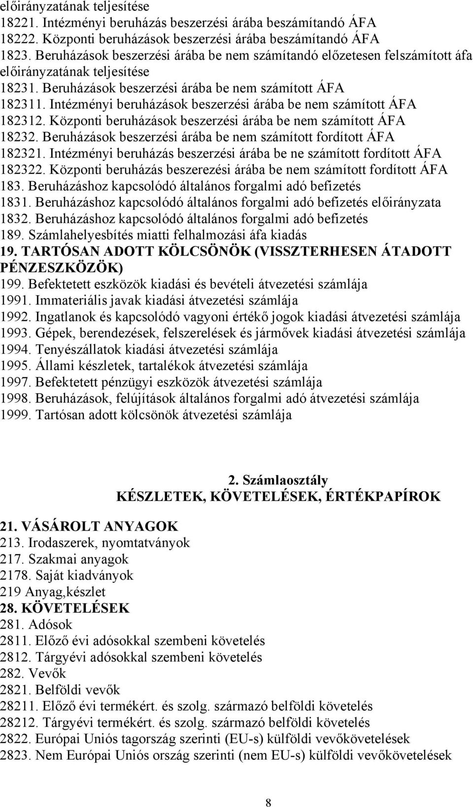 Intézményi beruházások beszerzési árába be nem számított ÁFA 182312. Központi beruházások beszerzési árába be nem számított ÁFA 18232.