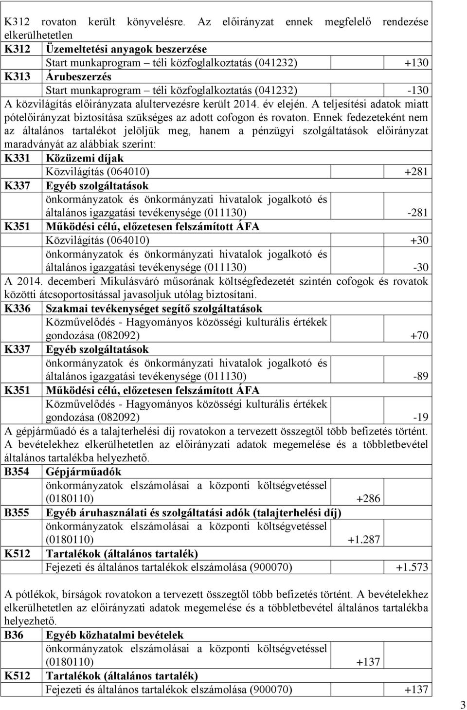 (041232) -130 A közvilágítás a alultervezésre került 2014. év elején. A teljesítési adatok miatt pót biztosítása szükséges az adott cofogon és rovaton.