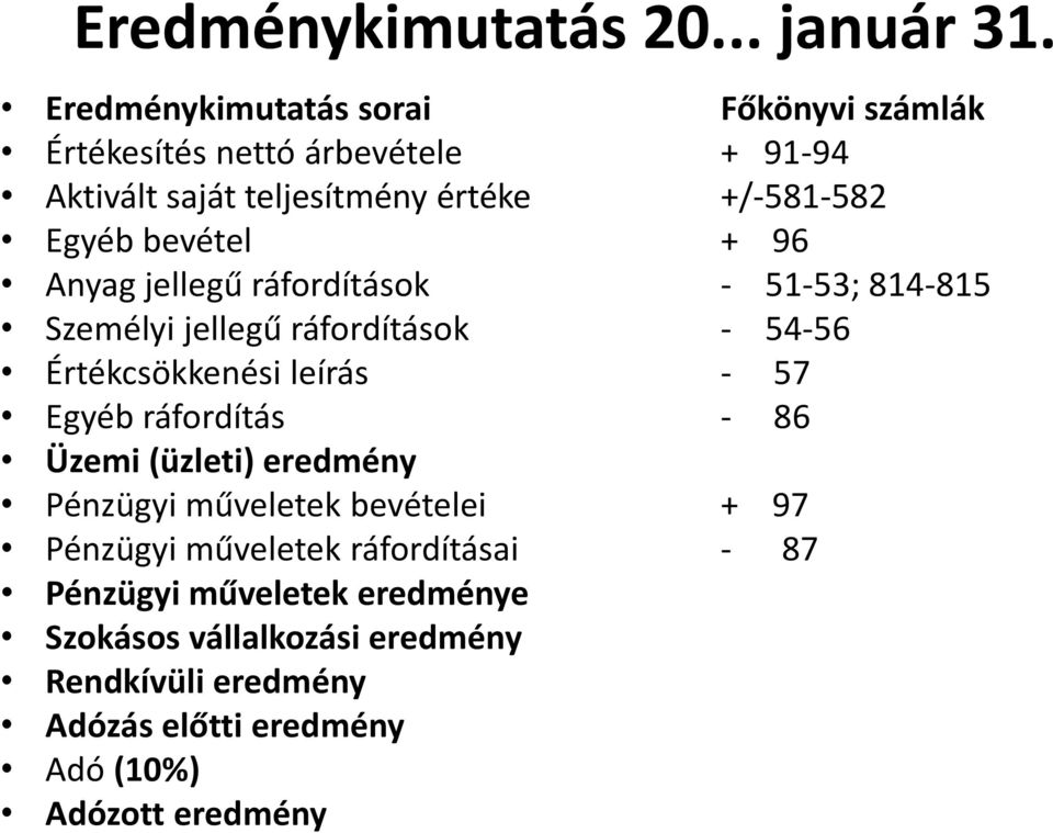 bevétel + 96 Anyag jellegű ráfordítások - 51-53; 814-815 Személyi jellegű ráfordítások - 54-56 Értékcsökkenési leírás - 57 Egyéb