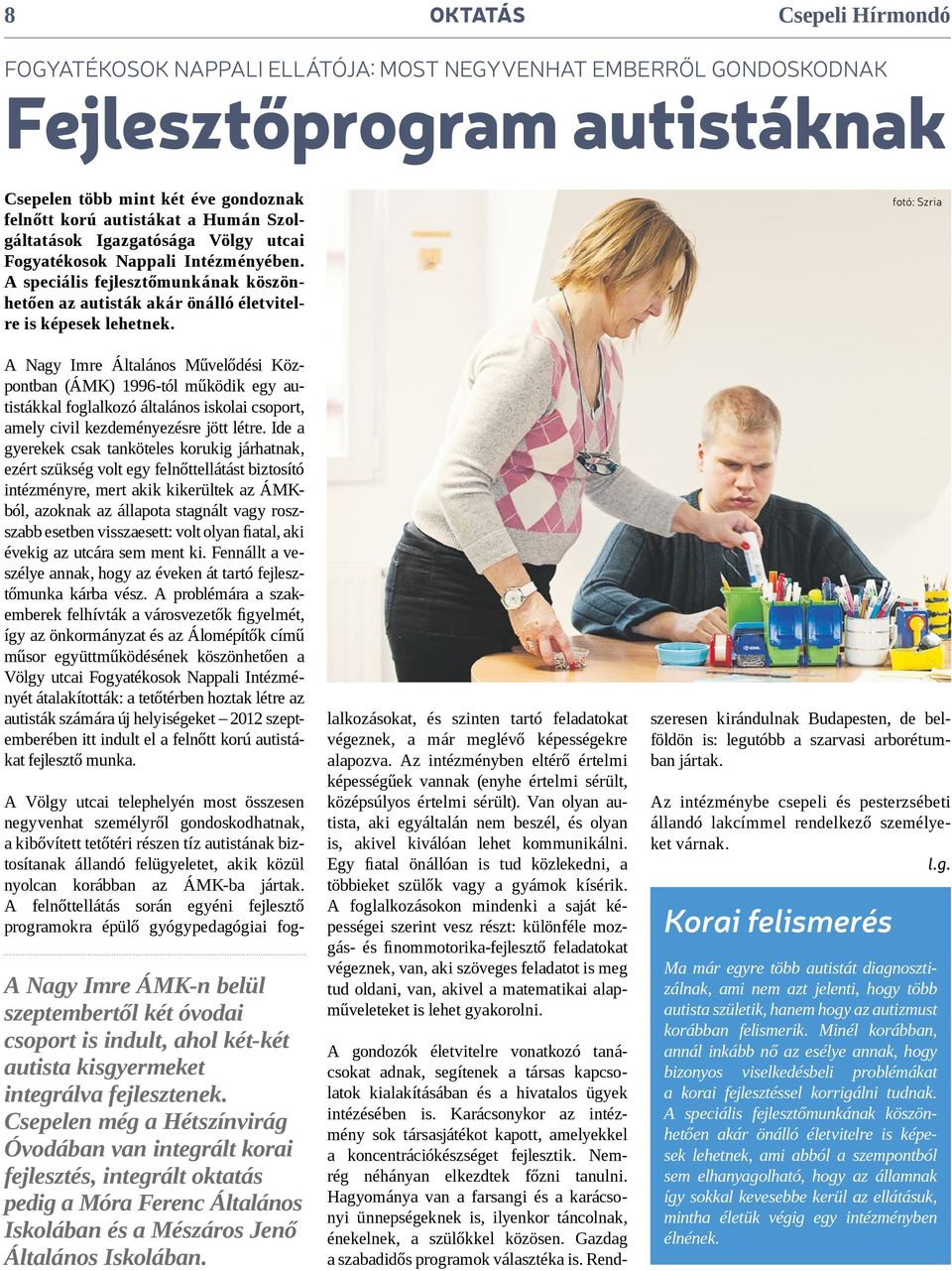 A Nagy Imre Általános Művelődési Központban (ÁMK) 1996-tól működik egy autistákkal foglalkozó általános iskolai csoport, amely civil kezdeményezésre jött létre.