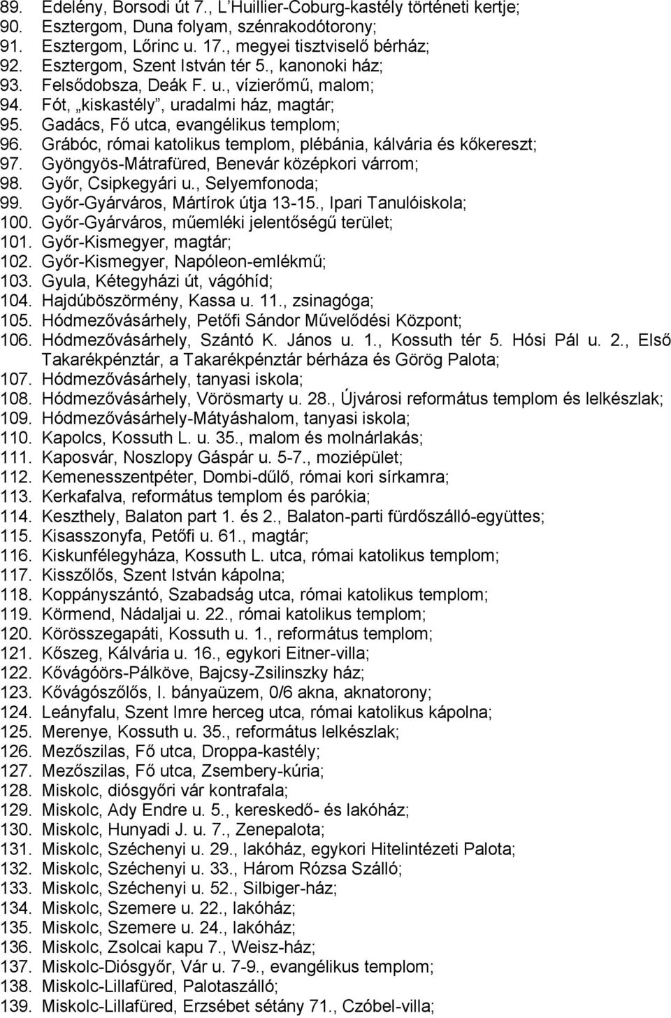 Grábóc, római katolikus templom, plébánia, kálvária és kőkereszt; 97. Gyöngyös-Mátrafüred, Benevár középkori várrom; 98. Győr, Csipkegyári u., Selyemfonoda; 99. Győr-Gyárváros, Mártírok útja 13-15.