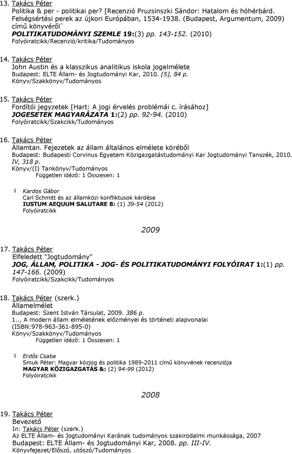 Takács Péter John Austin és a klasszikus analitikus iskola jogelmélete Budapest: ELTE Állam- és Jogtudományi Kar, 2010. [5], 84 p. /Szakkönyv/Tudományos 15.