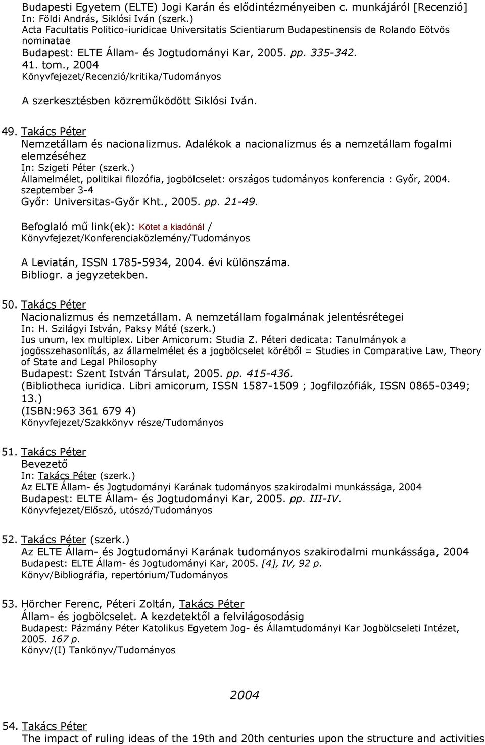 , 2004 fejezet/recenzió/kritika/tudományos A szerkesztésben közreműködött Siklósi Iván. 49. Takács Péter Nemzetállam és nacionalizmus.