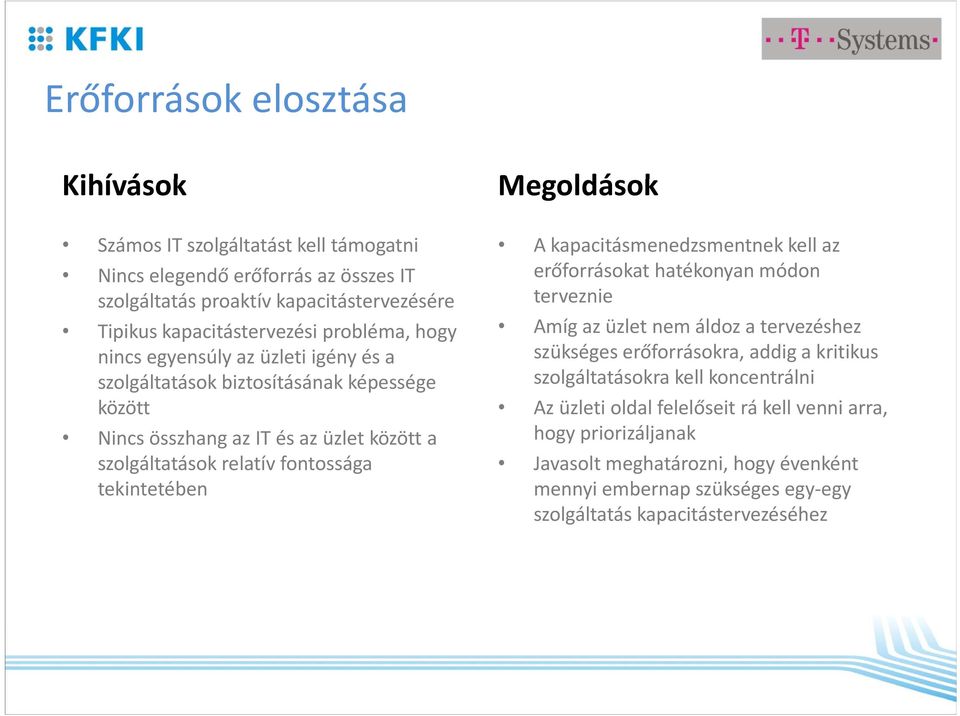 fontossága tekintetében A kapacitásmenedzsmentnek kell az erőforrásokat hatékonyan módon terveznie Amíg az üzlet nem áldoz a tervezéshez szükséges erőforrásokra, addig a kritikus