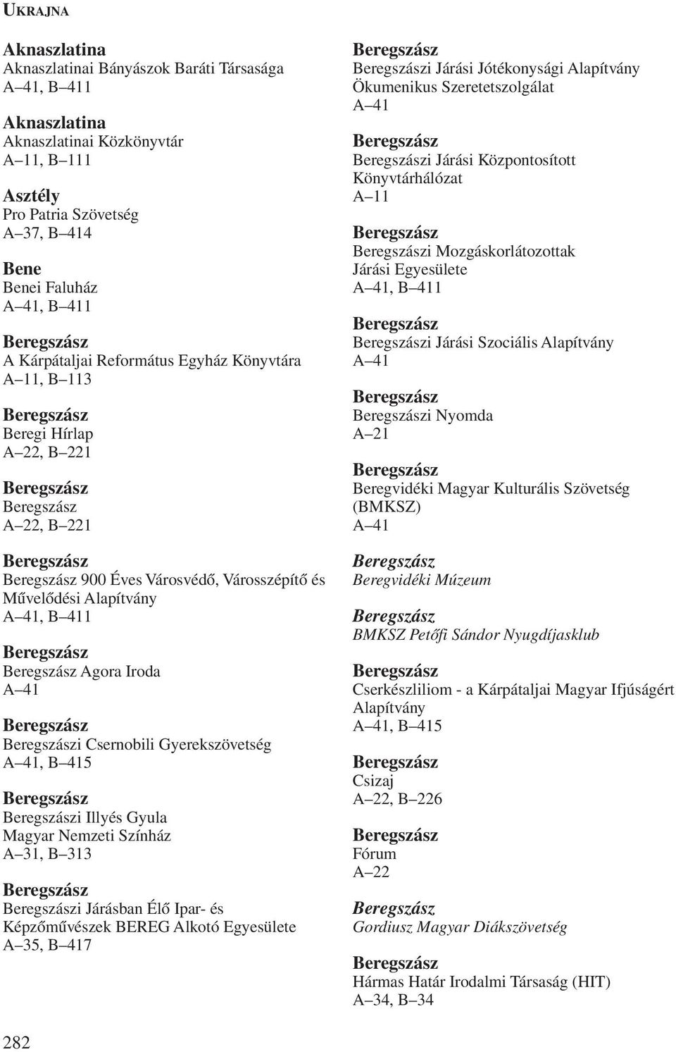 i Járásban Élõ Ipar- és Képzõmûvészek BEREG Alkotó Egyesülete A 35, B 417 i Járási Jótékonysági Alapítvány Ökumenikus Szeretetszolgálat i Járási Központosított Könyvtárhálózat A 11 i