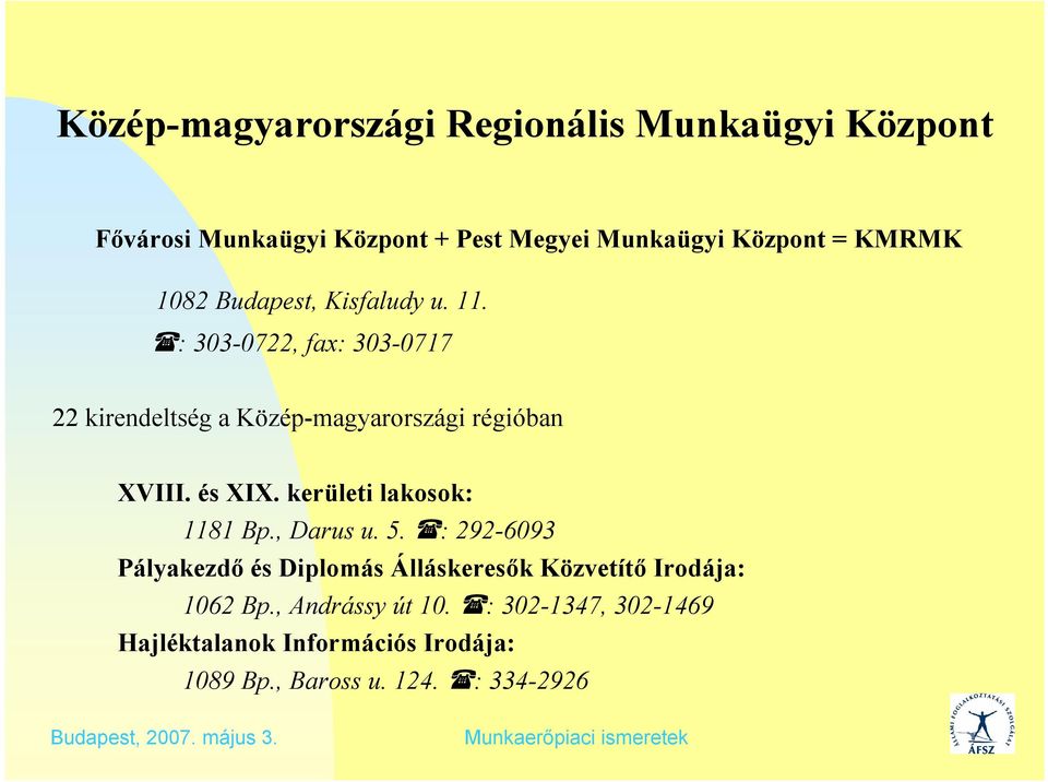 : 303-0722, fax: 303-0717 22 kirendeltség a Közép-magyarországi régióban XVIII. és XIX. kerületi lakosok: 1181 Bp.