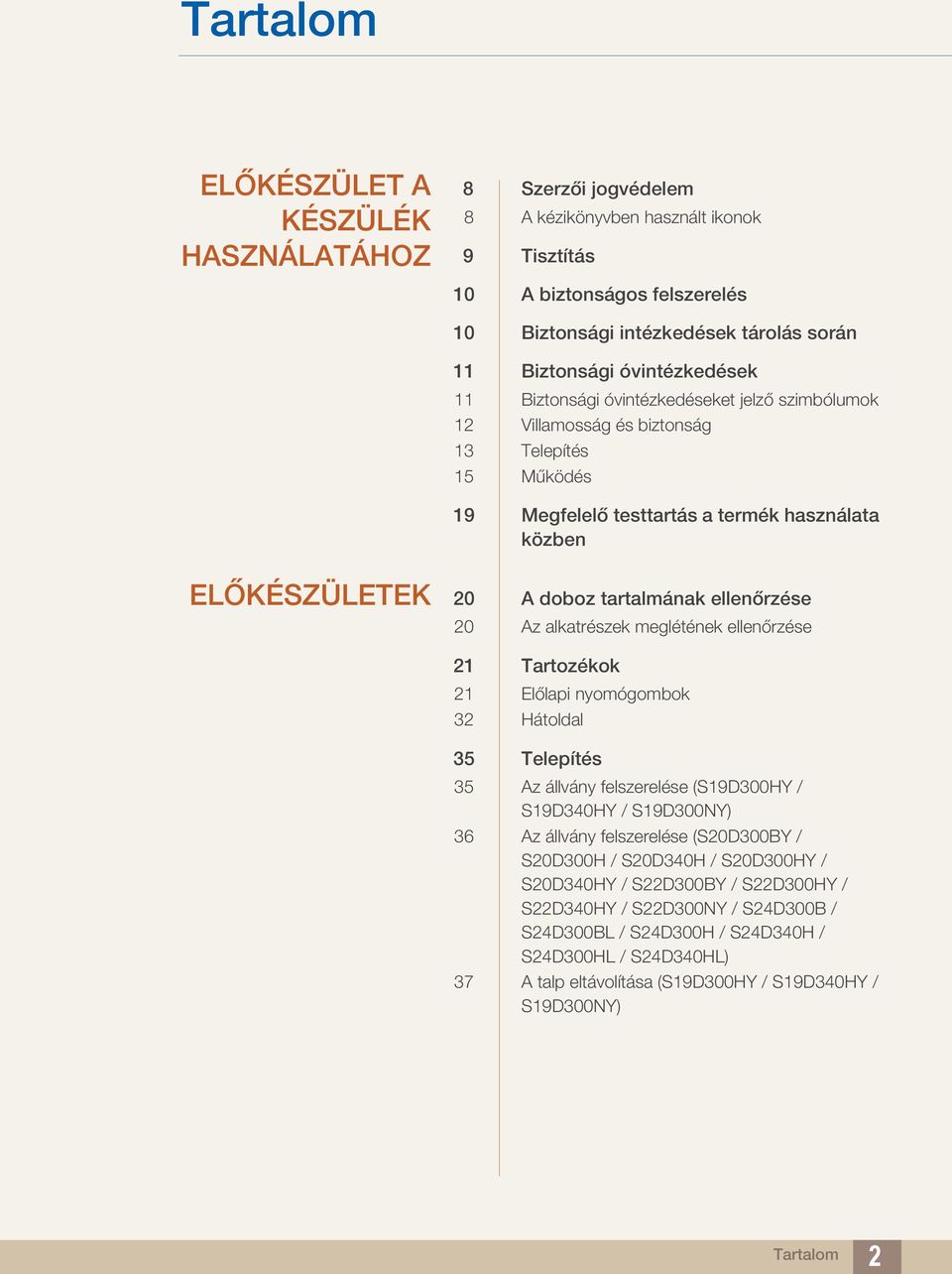 tartalmának ellenőrzése 20 Az alkatrészek meglétének ellenőrzése 21 Tartozékok 21 Előlapi nyomógombok 32 Hátoldal 35 Telepítés 35 Az állvány felszerelése (S19D300HY / S19D340HY / S19D300NY) 36 Az