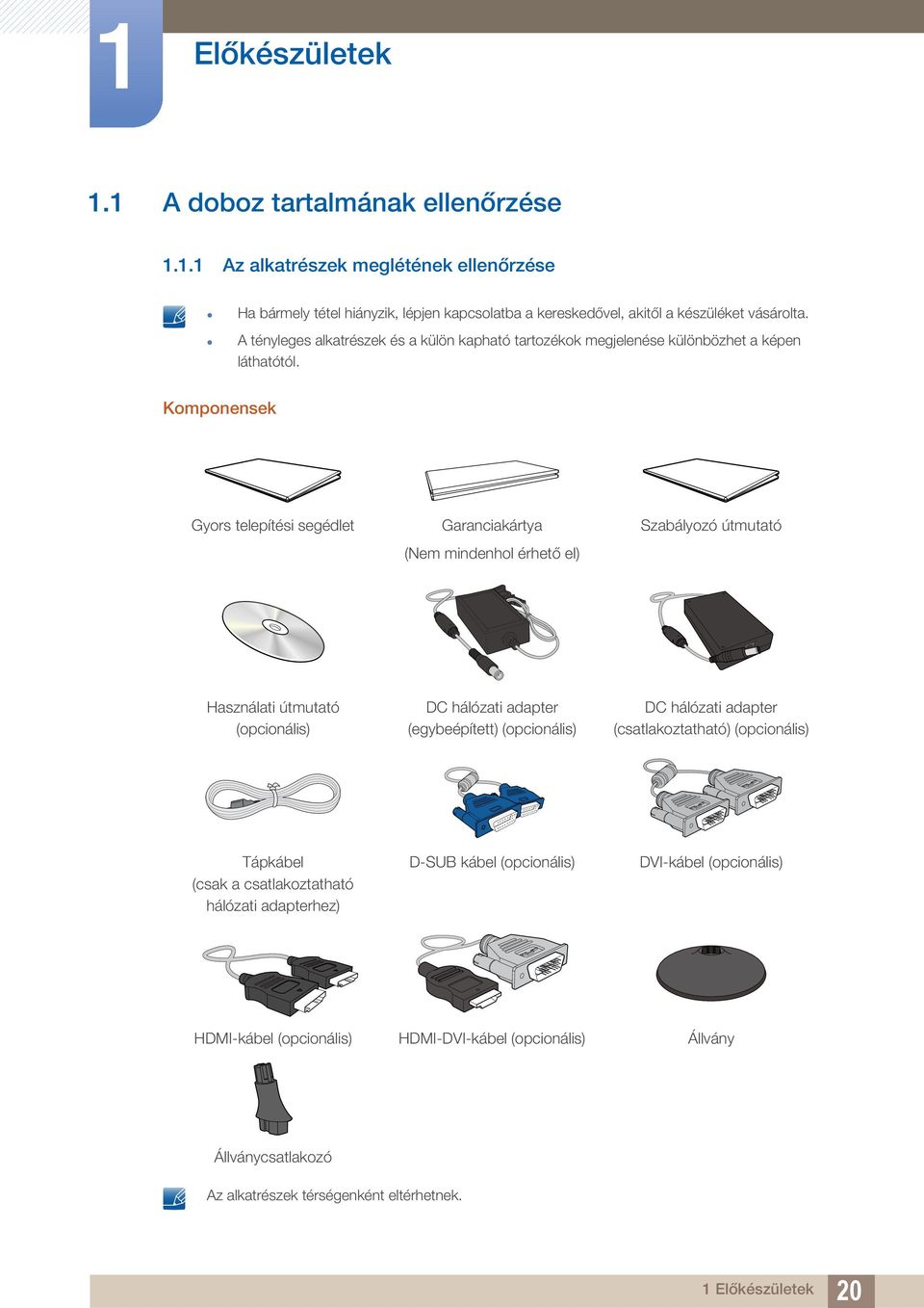 Komponensek Gyors telepítési segédlet Garanciakártya (Nem mindenhol érhető el) Szabályozó útmutató Használati útmutató (opcionális) DC hálózati adapter (egybeépített) (opcionális) DC