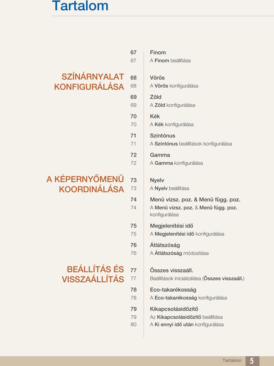 & Menü függ. poz. 74 A Menü vízsz. poz. & Menü függ. poz. konfigurálása 75 Megjelenítési idő 75 A Megjelenítési idő konfigurálása 76 Átlátszóság 76 A Átlátszóság módosítása BEÁLLÍTÁS ÉS VISSZAÁLLÍTÁS 77 Összes visszaáll.