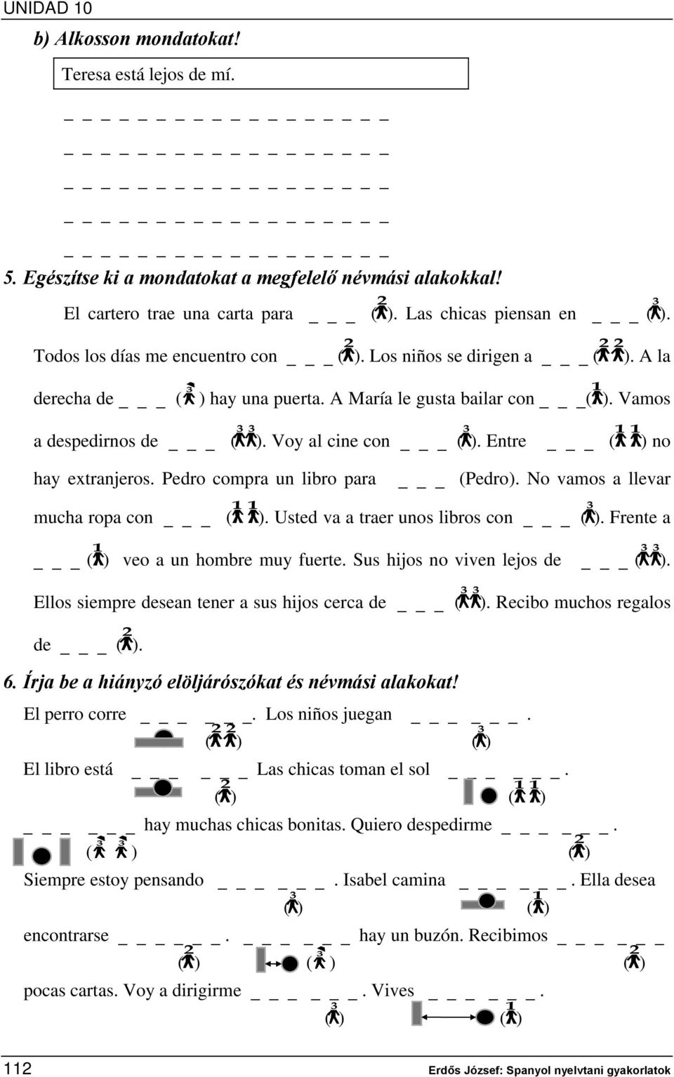 Entre _ (1 1) no hay extranjeros. Pedro compra un libro para _ (Pedro). No vamos a llevar mucha ropa con _ (1 1). Usted va a traer unos libros con _ (3). Frente a _ (1) veo a un hombre muy fuerte.