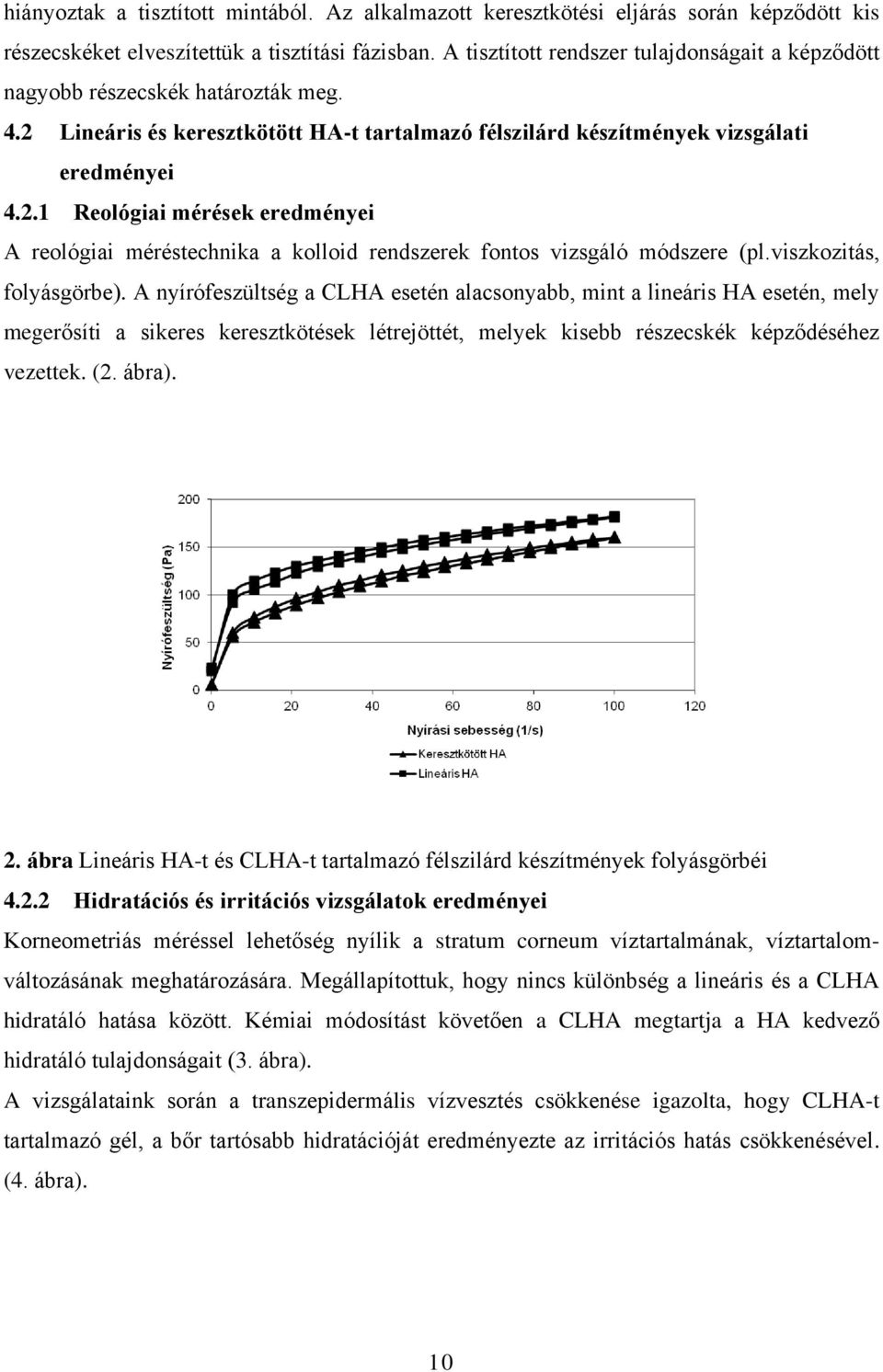 viszkozitás, folyásgörbe). A nyírófeszültség a CLHA esetén alacsonyabb, mint a lineáris HA esetén, mely megerősíti a sikeres keresztkötések létrejöttét, melyek kisebb részecskék képződéséhez vezettek.