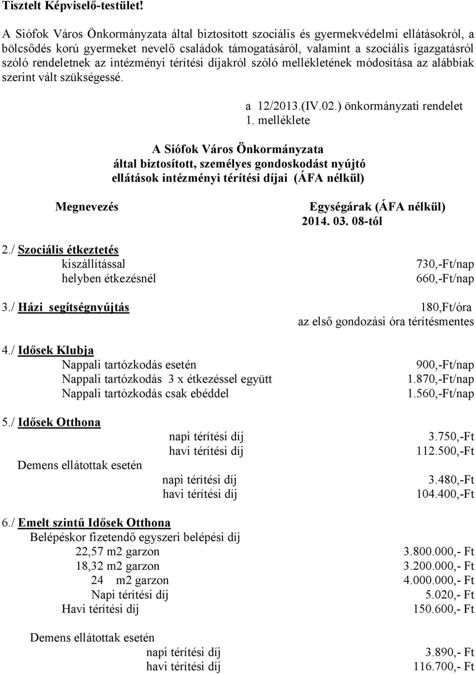 az intézményi térítési díjakról szóló mellékletének módosítása az alábbiak szerint vált szükségessé. a 12/2013.(IV.02.) önkormányzati rendelet 1.