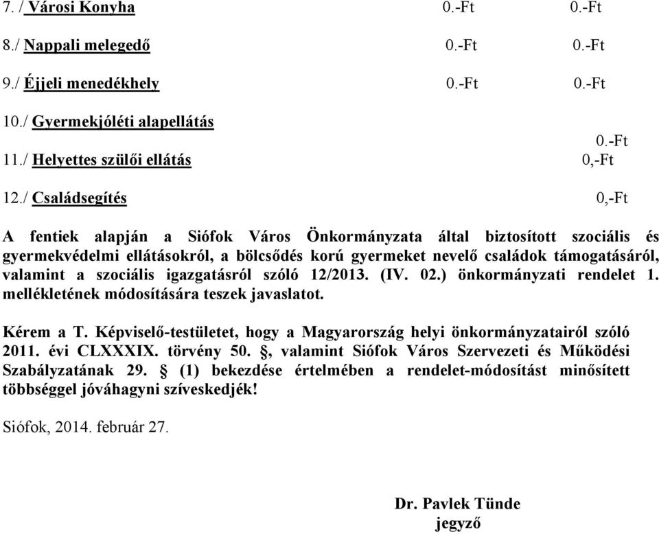 szociális igazgatásról szóló 12/2013. (IV. 02.) önkormányzati rendelet 1. mellékletének módosítására teszek javaslatot. Kérem a T.