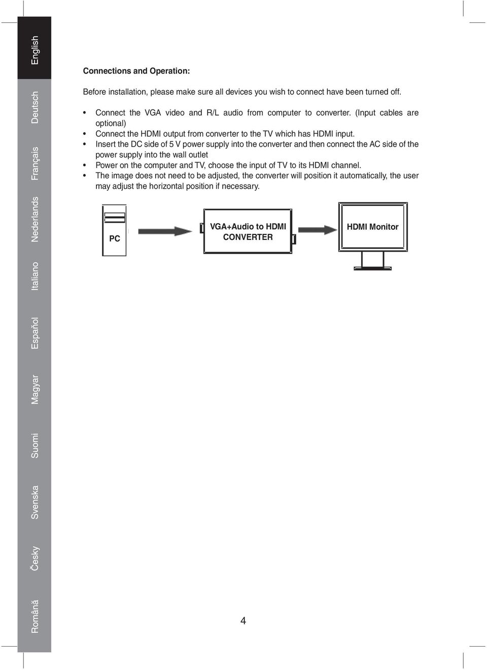 Insert the DC side of 5 V power supply into the converter and then connect the AC side of the power supply into the wall outlet Power on the computer and TV, choose the