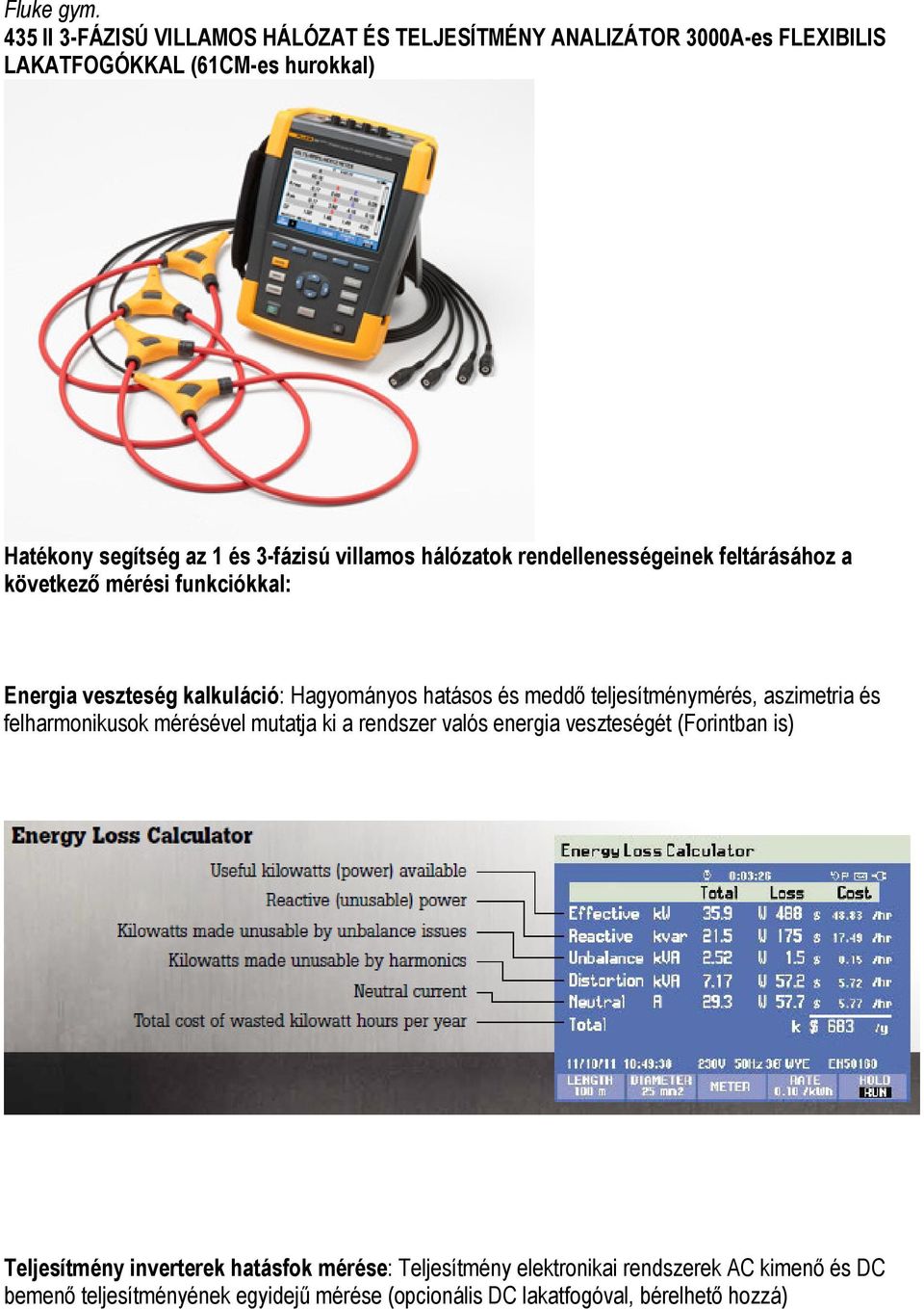 villamos hálózatok rendellenességeinek feltárásához a következő mérési funkciókkal: Energia veszteség kalkuláció: Hagyományos hatásos és meddő