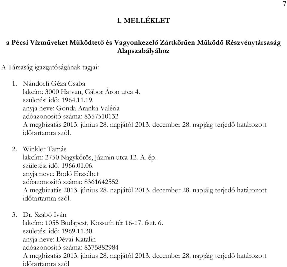 2. Winkler Tamás lakcím: 2750 Nagykőrös, Jázmin utca 12. A. ép. születési idő: 1966.01.06.