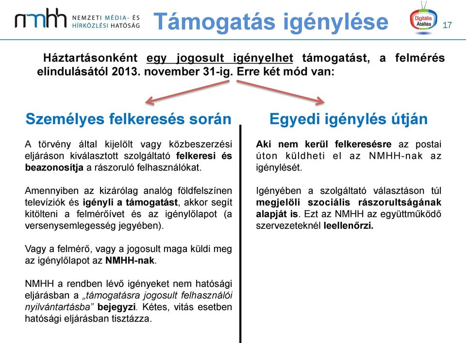 Amennyiben az kizárólag analóg földfelszínen televíziók és igényli a támogatást, akkor segít kitölteni a felmérőívet és az igénylőlapot (a versenysemlegesség jegyében).