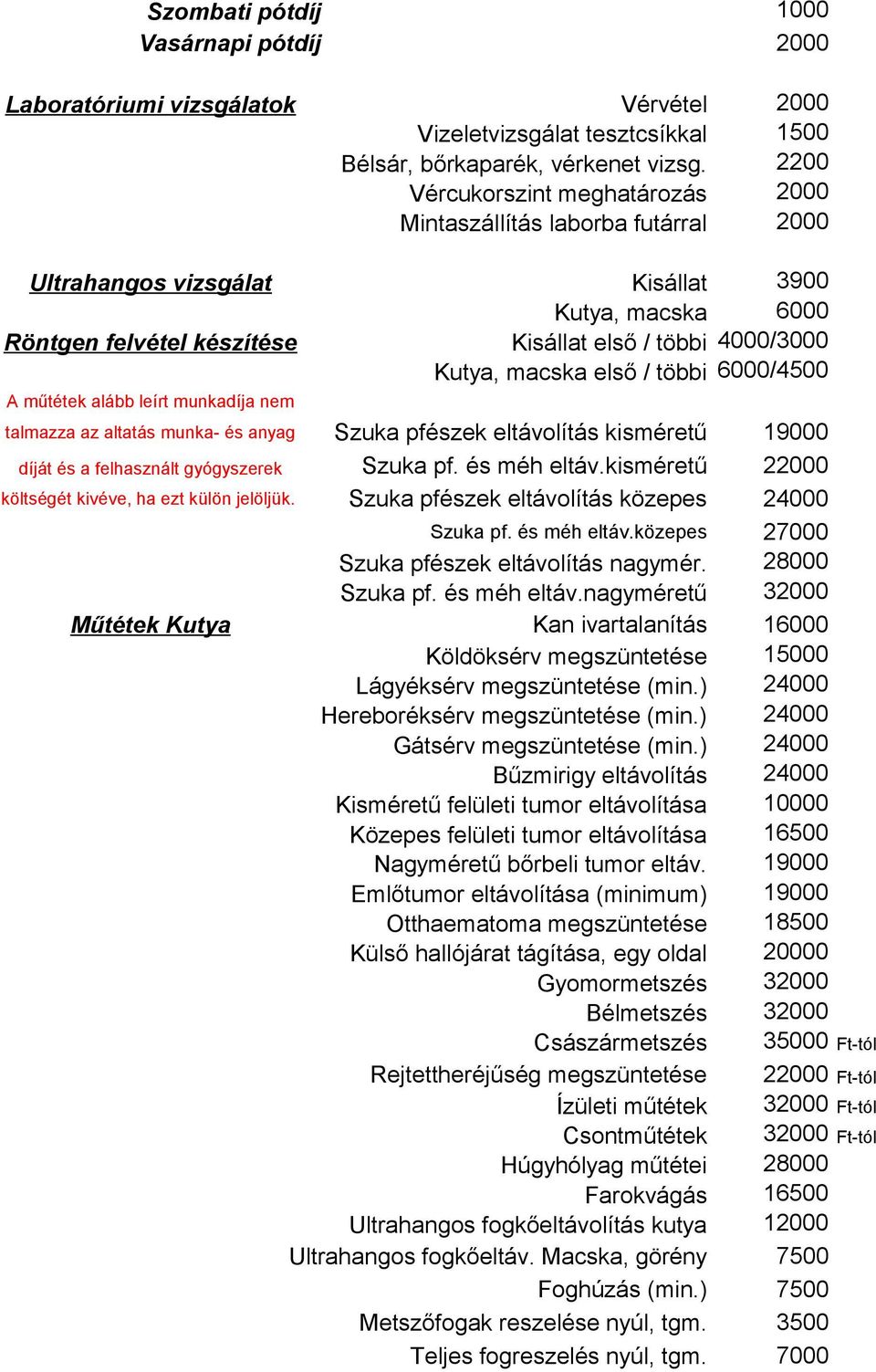macska első / többi 6000/4500 A műtétek alább leírt munkadíja nem talmazza az altatás munka- és anyag Szuka pfészek eltávolítás kisméretű 19000 díját és a felhasznált gyógyszerek Szuka pf.