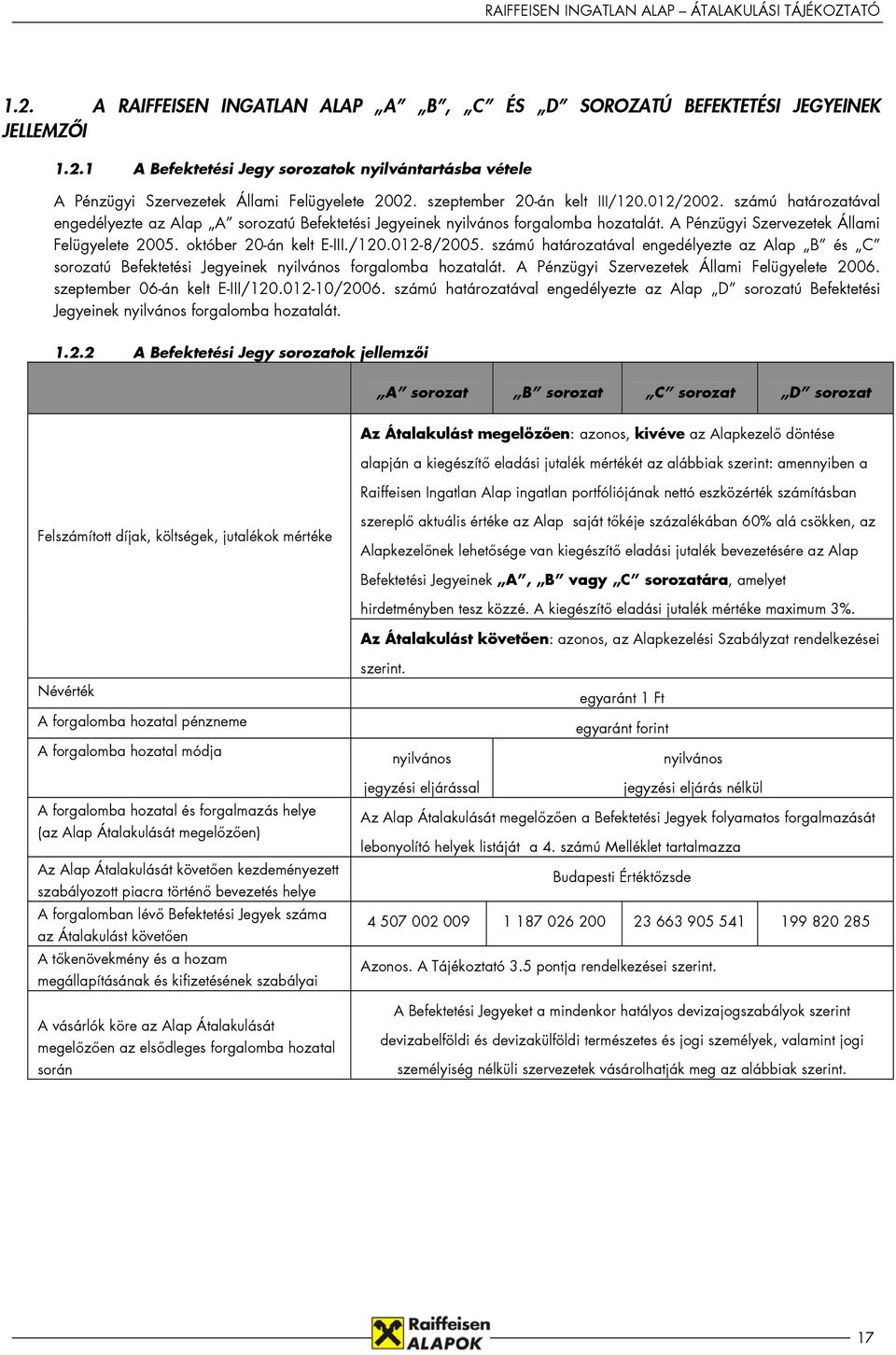 október 20-án kelt E-III./120.012-8/2005. számú határozatával engedélyezte az Alap B és C sorozatú Befektetési Jegyeinek nyilvános forgalomba hozatalát. A Pénzügyi Szervezetek Állami Felügyelete 2006.