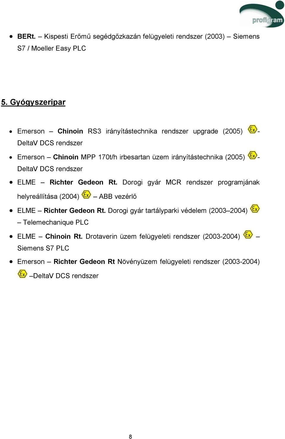 (2005) - DeltaV DCS rendszer ELME Richter Gedeon Rt. Dorogi gyár MCR rendszer programjának helyreállítása (2004) ABB vezérlő ELME Richter Gedeon Rt.