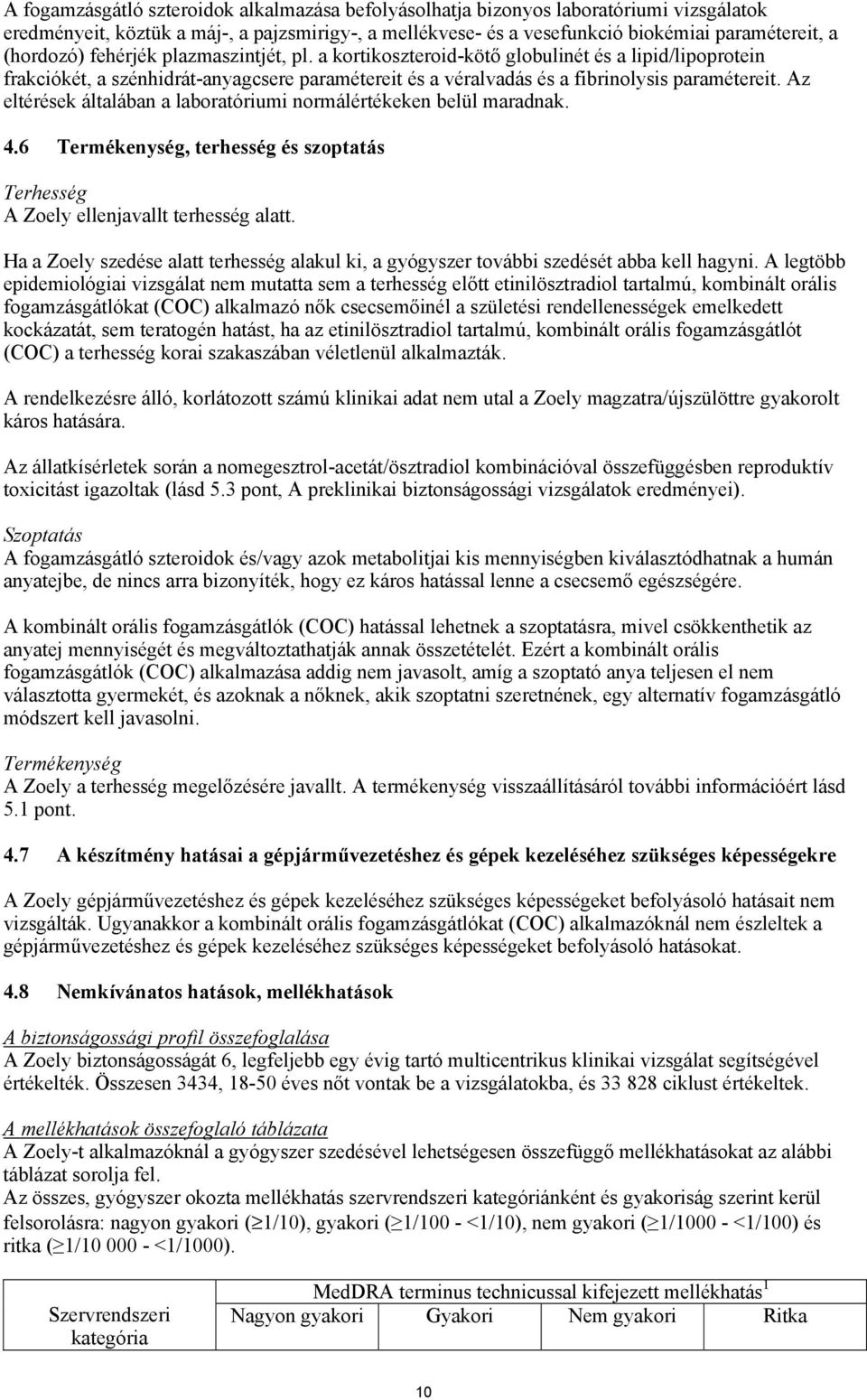 Az eltérések általában a laboratóriumi normálértékeken belül maradnak. 4.6 Termékenység, terhesség és szoptatás Terhesség A Zoely ellenjavallt terhesség alatt.