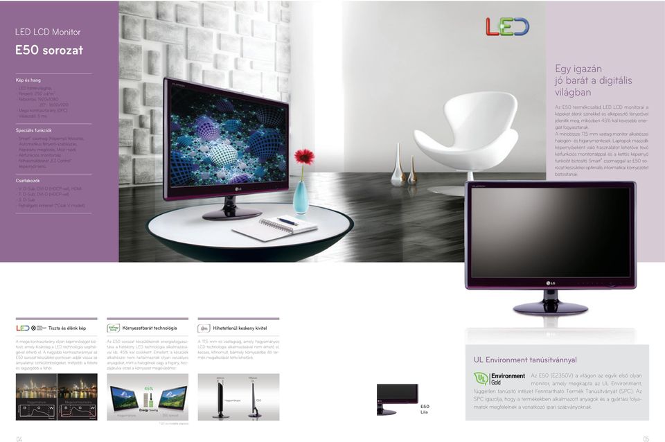kimenet (*Csak V modell) Egy igazán jó barát a digitális világban Az E50 termékcsalád LED LCD monitorai a képeket élénk színekkel és elképesztő fényerővel jelenítik meg, miközben 45%kal kevesebb