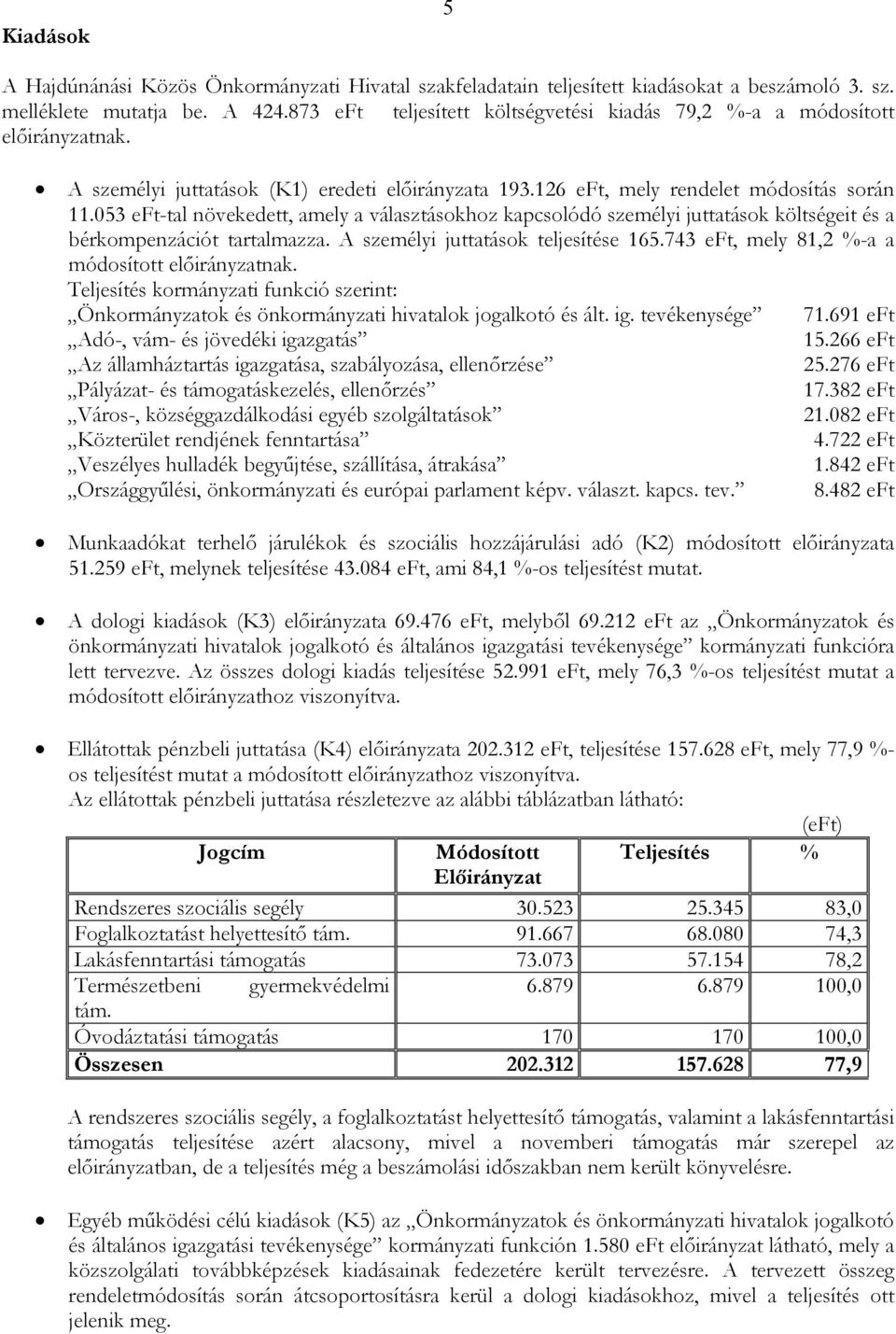 053 eft-tal növekedett, amely a választásokhoz kapcsolódó személyi juttatások költségeit és a bérkompenzációt tartalmazza. A személyi juttatások teljesítése 165.