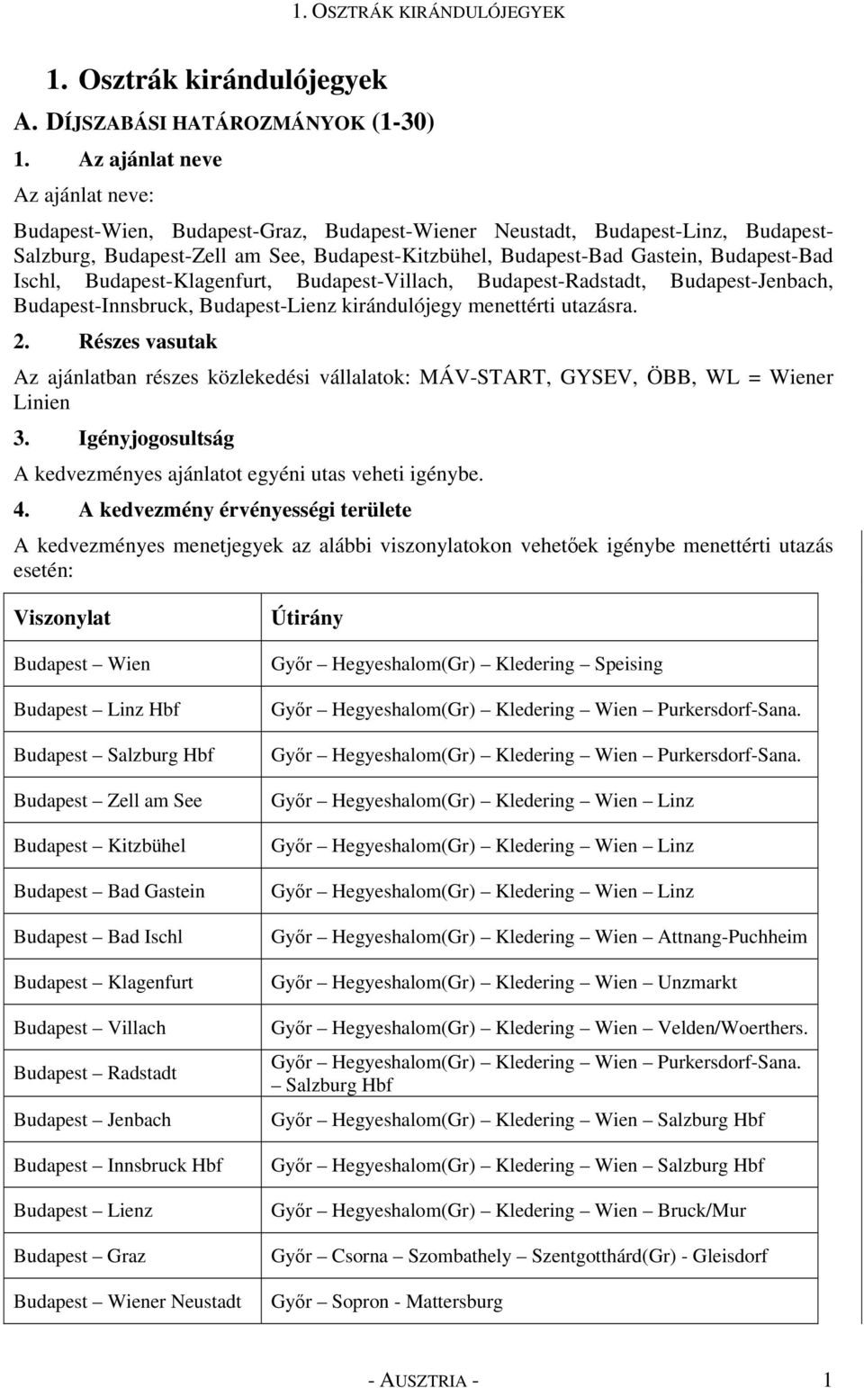 Budapest-Bad Ischl, Budapest-Klagenfurt, Budapest-Villach, Budapest-Radstadt, Budapest-Jenbach, Budapest-Innsbruck, Budapest-Lienz kirándulójegy menettérti utazásra. 2.