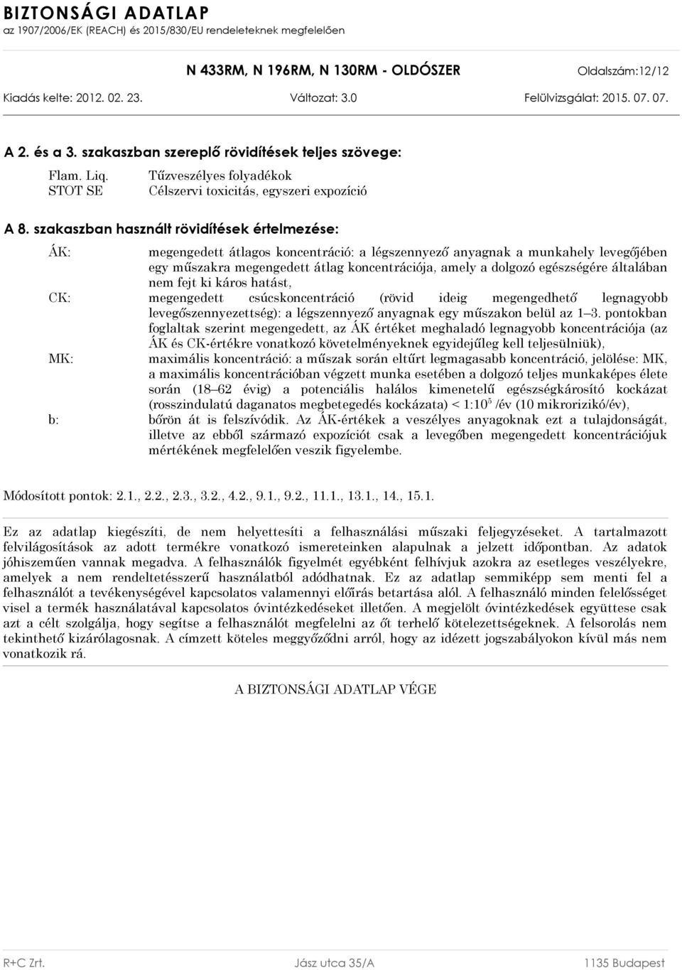 egészségére általában nem fejt ki káros hatást, CK: megengedett csúcskoncentráció (rövid ideig megengedhető legnagyobb levegőszennyezettség): a légszennyező anyagnak egy műszakon belül az 1 3.