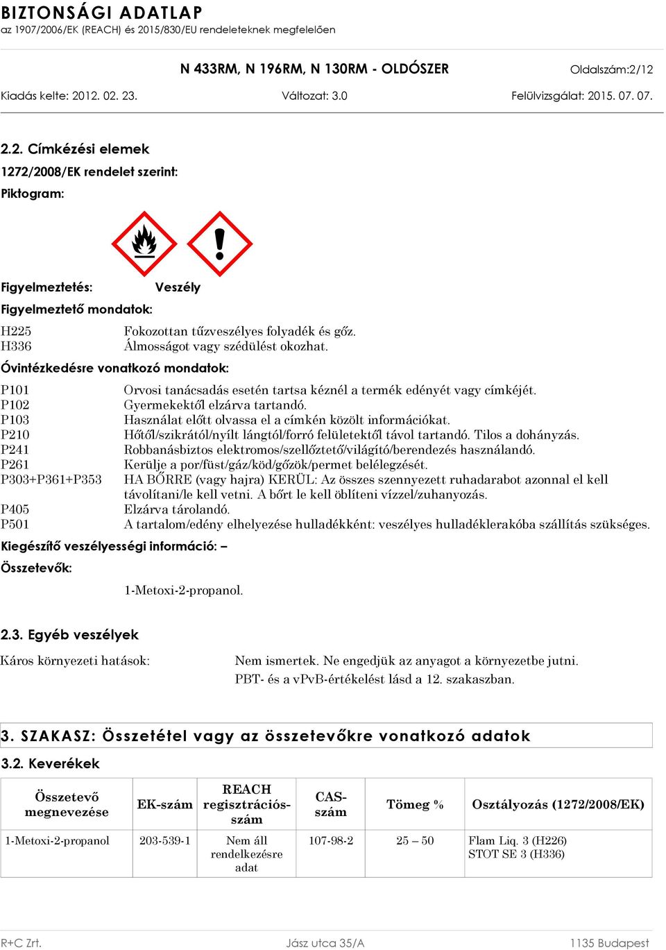 P103 Használat előtt olvassa el a címkén közölt információkat. P210 Hőtől/szikrától/nyílt lángtól/forró felületektől távol tartandó. Tilos a dohányzás.