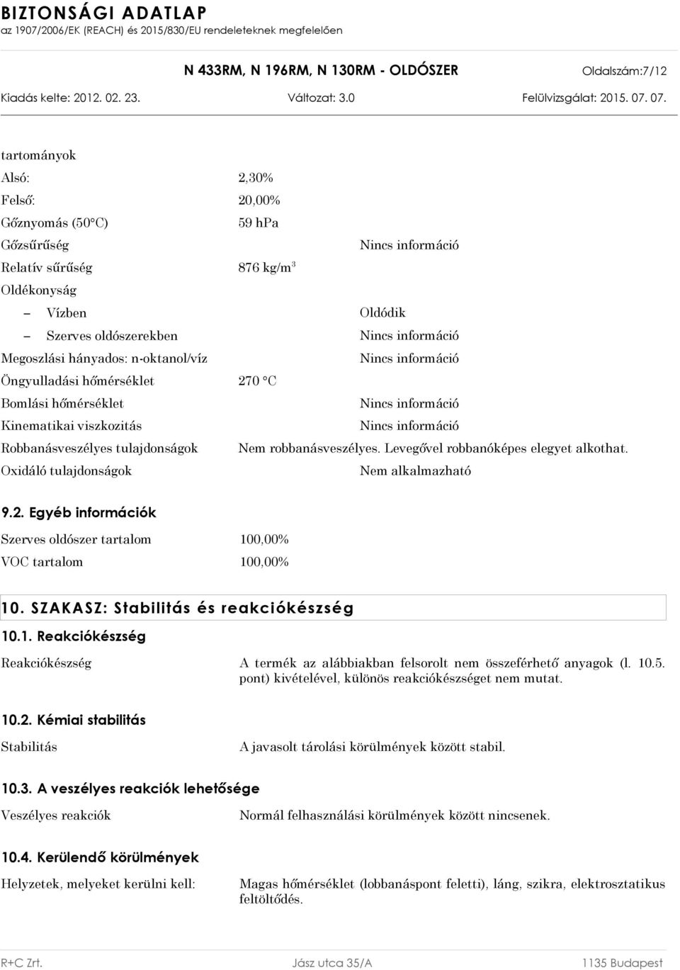 Oxidáló tulajdonságok Nem alkalmazható 9.2. Egyéb információk Szerves oldószer tartalom 100,00% VOC tartalom 100,00% 10. SZAKASZ: Stabilitás és reakciókészség 10.1. Reakciókészség Reakciókészség A termék az alábbiakban felsorolt nem összeférhető anyagok (l.