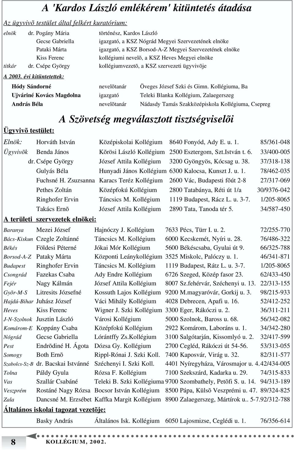 nevelõ, a KSZ Heves Megyei elnöke titkár dr. Csépe György kollégiumvezetõ, a KSZ szervezeti ügyvivõje A 2003. évi kitüntetettek: Hódy Sándorné nevelõtanár Öveges József Szki és Gimn.