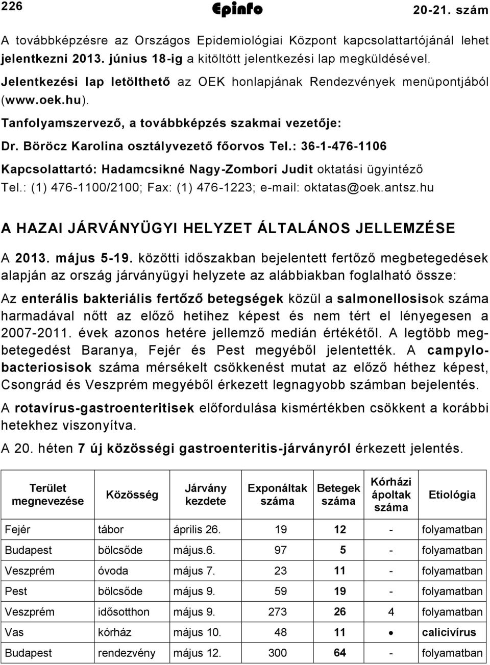 : 70 Kapcsolattartó: Hadamcsikné NagyZombori Judit oktatási ügyintéző Tel.: () 700/00; Fax: () 7; email: oktatas@oek.antsz.hu A HAZAI JÁRVÁNYÜGYI HELYZET ÁLTALÁNOS JELLEMZÉSE A 0. május 9.