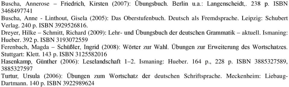 392 p. ISBN 3193072559 Ferenbach, Magda Schüßler, Ingrid (2008): Wörter zur Wahl. Übungen zur Erweiterung des Wortschatzes. Stuttgart: Klett. 143 p.