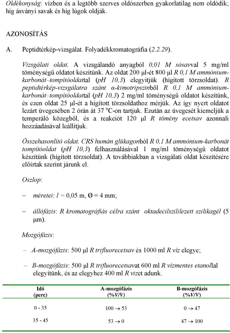 Az oldat 200 μl-ét 800 μl R 0,1 M ammóniumkarbonát tompítóoldattal (ph 10,3) elegyítjük (hígított törzsoldat).