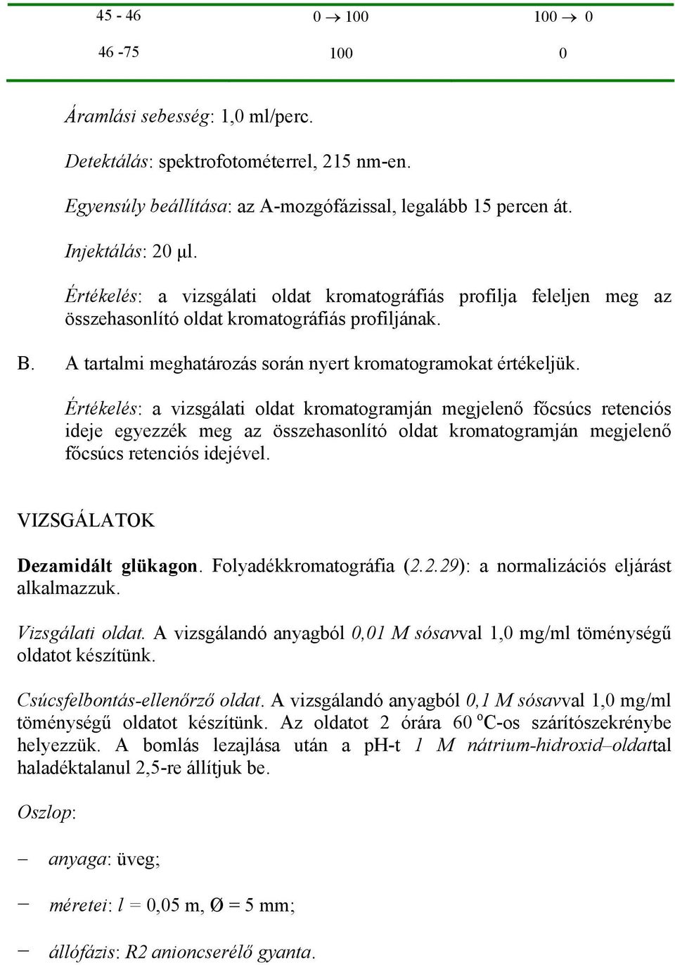 Értékelés: a vizsgálati oldat kromatogramján megjelenő főcsúcs retenciós ideje egyezzék meg az összehasonlító oldat kromatogramján megjelenő főcsúcs retenciós idejével.