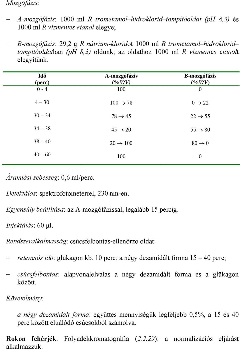 Idő (perc) 0-4 4 30 30 34 34 38 38 40 40 60 A-mozgófázis 100 100 78 78 45 45 20 20 100 100 B-mozgófázis 0 0 22 22 55 55 80 80 0 0 Áramlási sebesség: 0,6 ml/perc.