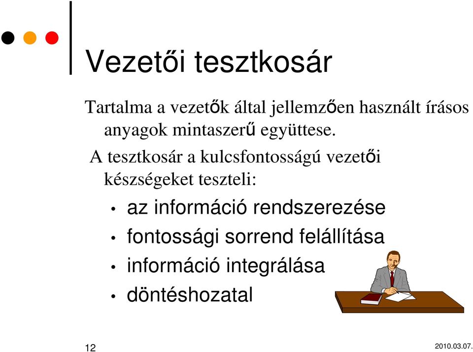 A tesztkosár a kulcsfontosságú vezetıi készségeket teszteli: az