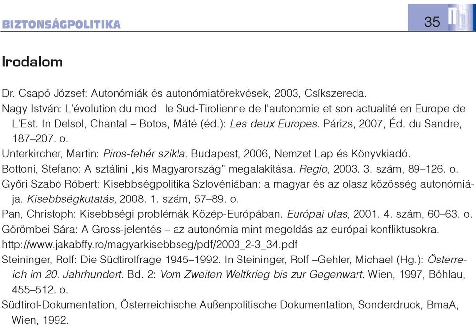 Unterkircher, Martin: Piros-fehér szikla. Budapest, 2006, Nemzet Lap és Könyvkiadó. Bottoni, Stefano: A sztálini kis Magyarország megalakítása. Regio, 2003. 3. szám, 89 126. o.